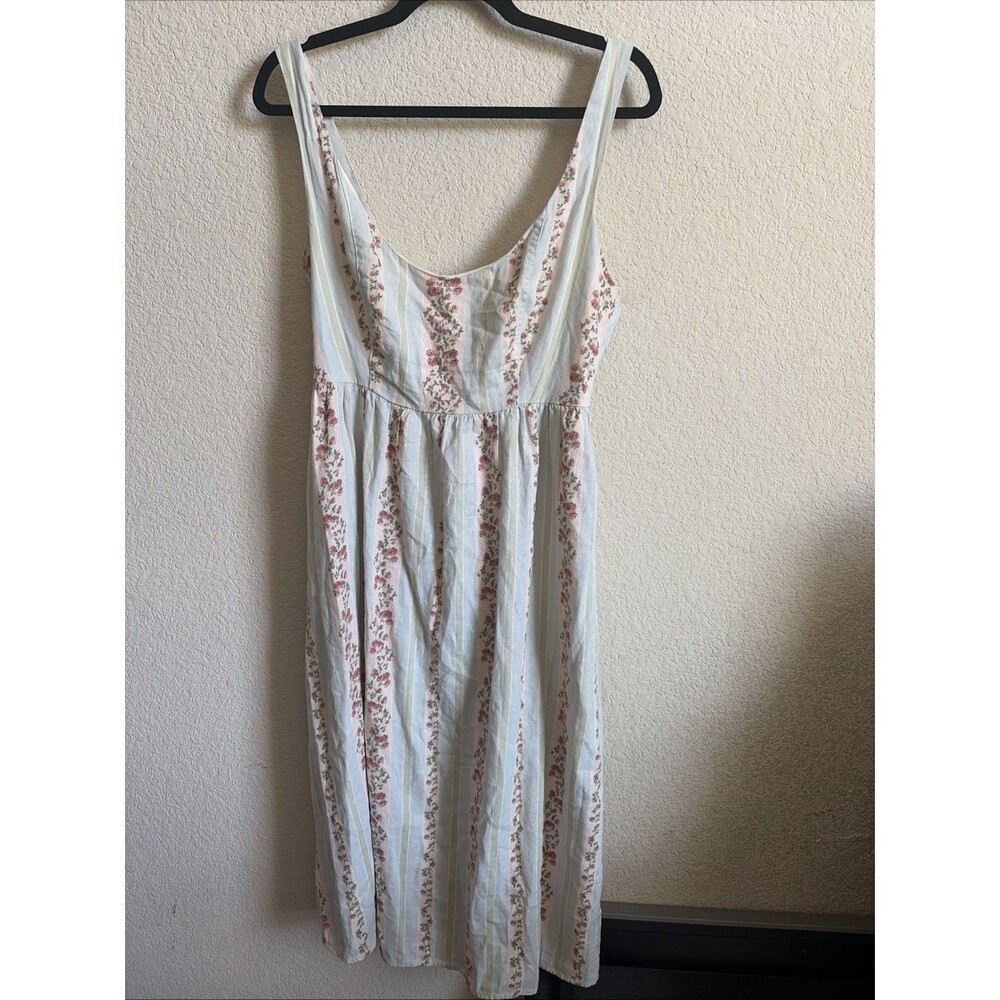 French Linen Midi Dress Rose Stripe M Corset Flare Floral Lagen Cottage Coquette